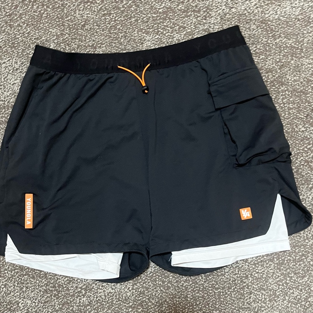 YoungLA Black and White Athletic Shorts with Elastic Waistband